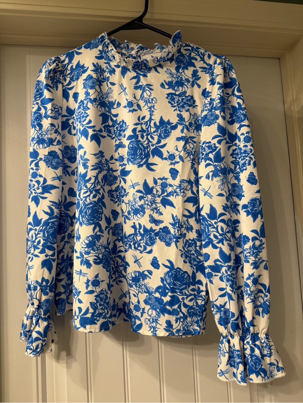 Blue Floral Ruffle-Neck Long Sleeve Top